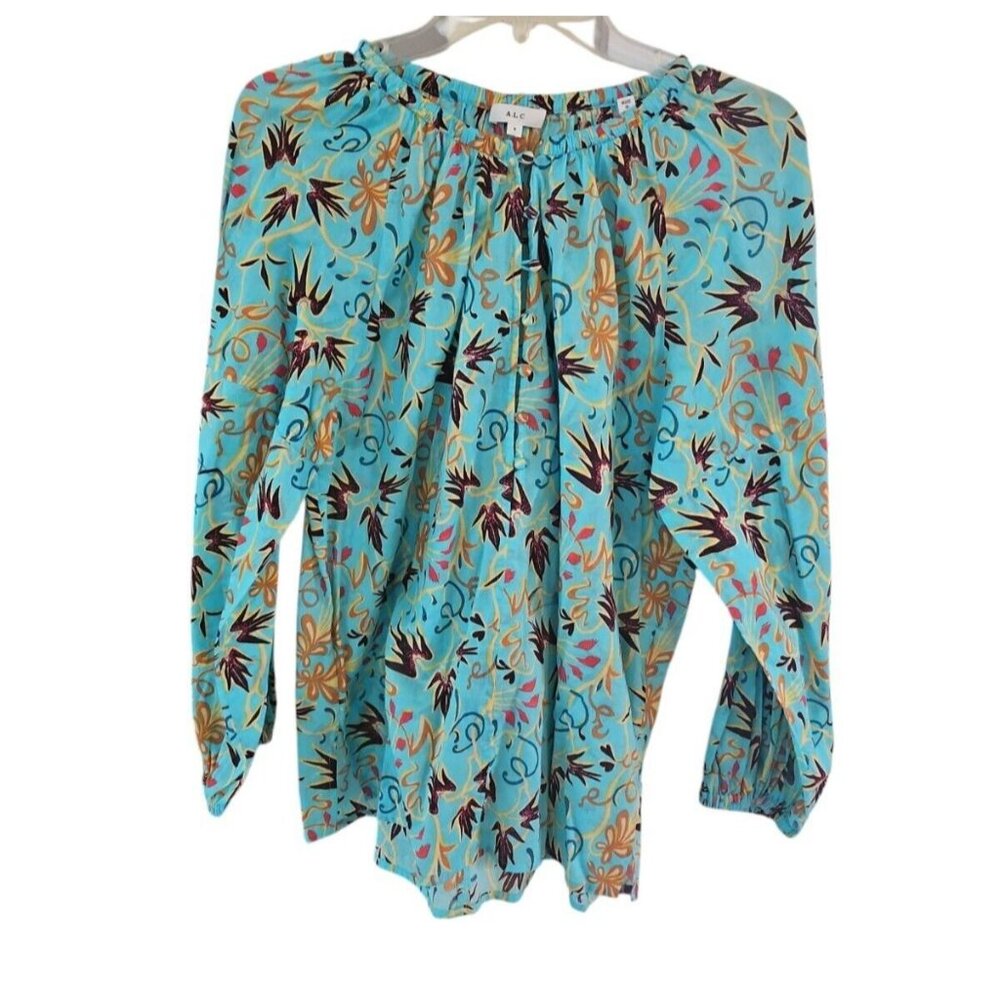 A.L.C. Women's Size Large B Top Blue Floral Print Boho Cotton Top Blouse Shirt - Picture 3 of 3